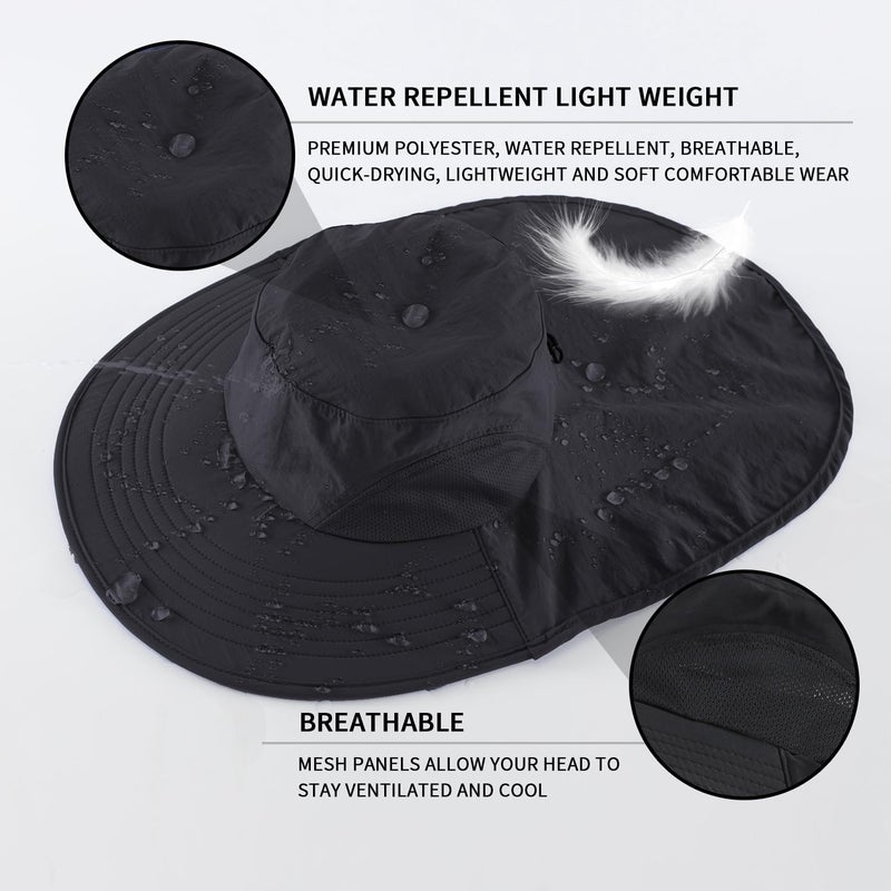 Home Prefer Outdoor UPF50+ Sun Hat Wide Brim Mesh Fishing Hat with Neck Flap (Black) - Image 3